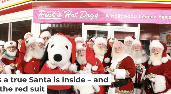 Members of the Fraternal Order of Real Bearded Santas meet at Pink’s restaurant at Knott’s Berry Farm before the holiday rush in 2009. Business Wire via AP
